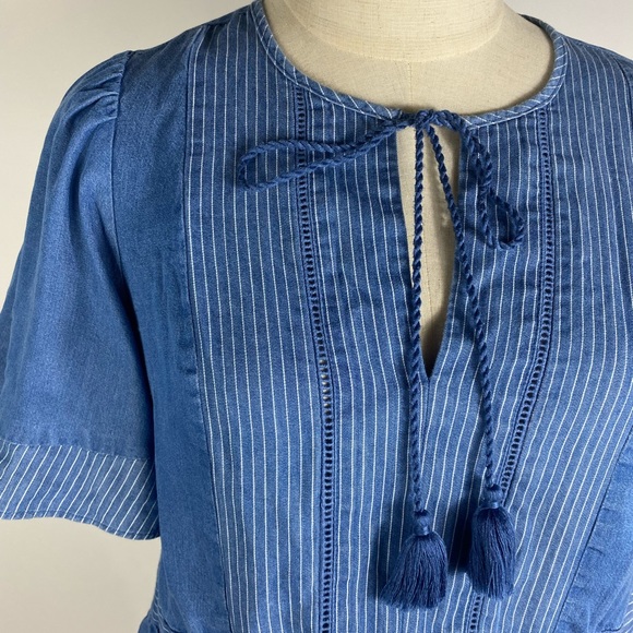 KATE SPADE Indigo Railroad Chambray Short Sleeve Peasant Top womens XS - Picture 2 of 6